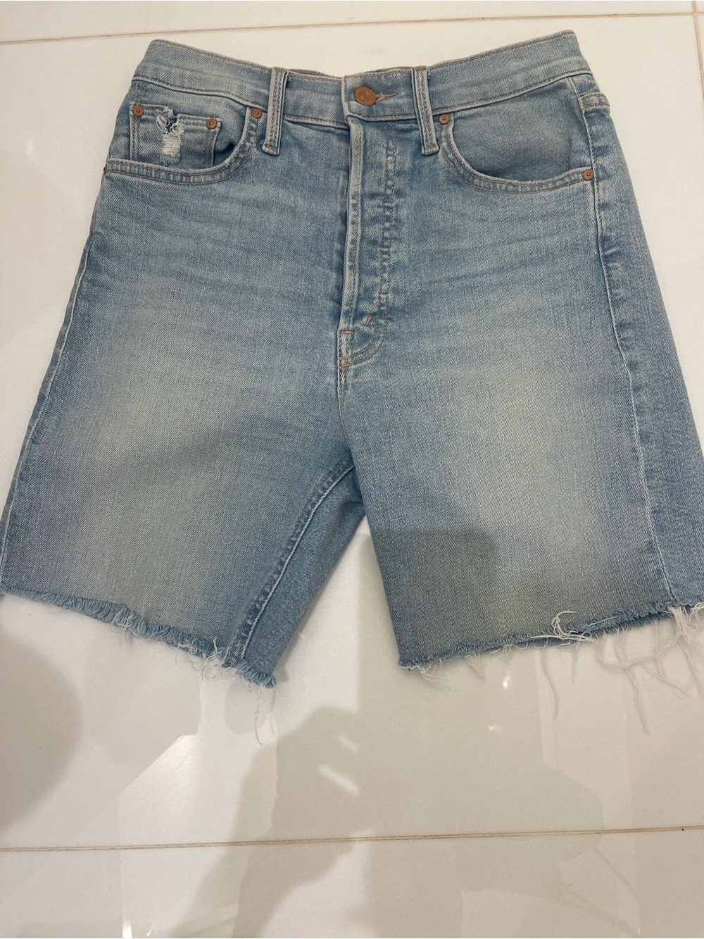 MOTHER pale blue Denim Shorts with Copper Buttons